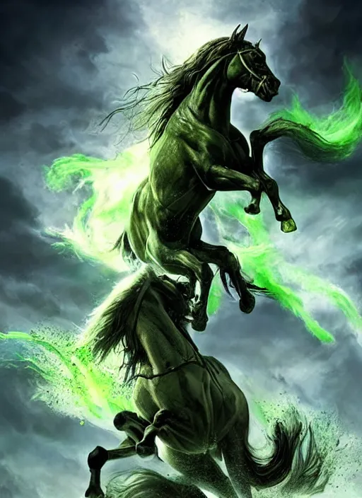 Image similar to the singular horseman of the apocalypse is riding a strong fierce ferocious rabid undead green stallion, horse is up on its hind legs, the strong male rider is death with a scithe, beautiful artwork by artgerm and rutkowski, breathtaking, beautifully lit, dramatic