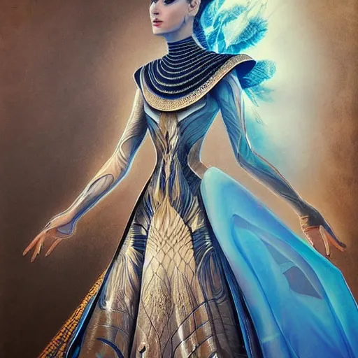 Image similar to a beautiful arabian woman wearing a futuristic dress by alexander mcqueen, thom browne, karol bak, ayami kojima, artgerm, arabian beauty, blue eyes, smile, futuristic, organic dress, pattern, concept art, fantasy