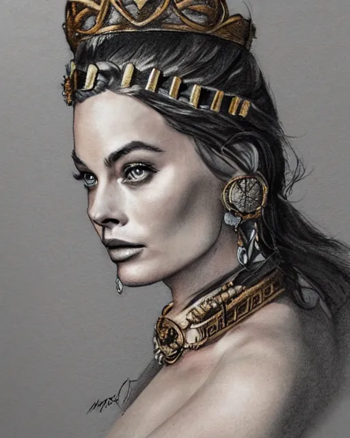 Image similar to realism tattoo sketch of margot robbie as a beautiful greek goddess aphrodite with piercing eyes wearing a laurel wreath and triangle earrings, in the style of greg rutkowski, amazing detail, side view