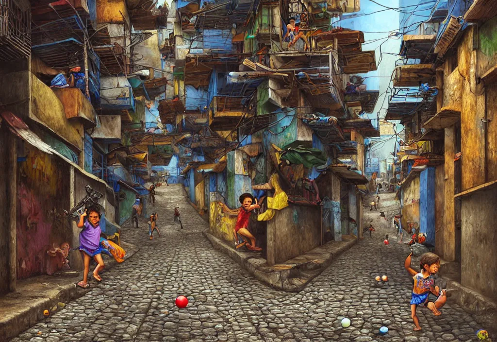 Image similar to photorealistic favela rocinha rio de janeiro with precise rendered alleys with intricate details of gun happy people in alley close view of kid playing with colorful ball and flying kit by Justin Gerard