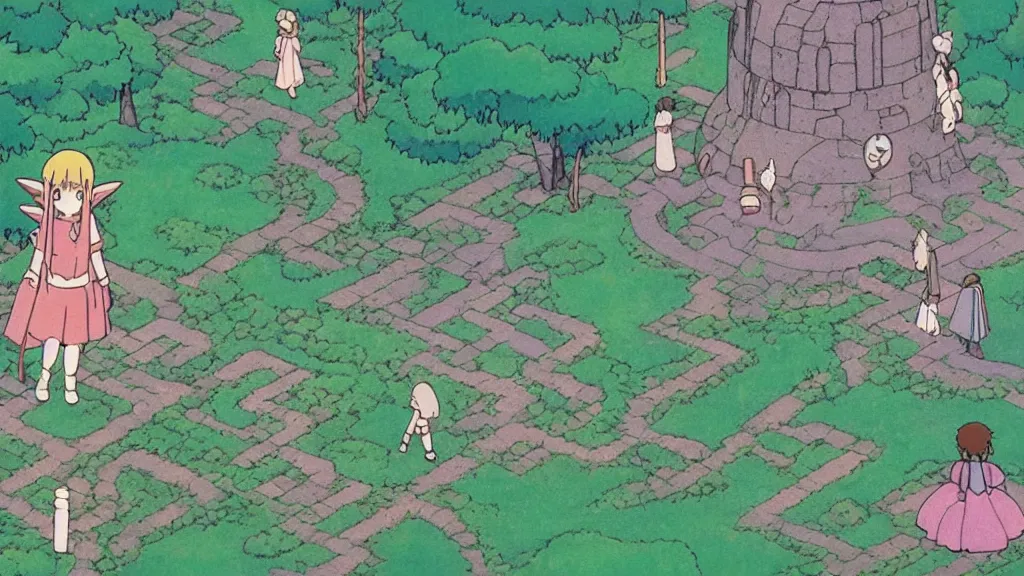 Prompt: simple scene of a 1 9 8 0 s “ studio ghibli ” anime featuring “ link ” with a fairy and princess zelda in “ hyrule ” or in a labyrinth.