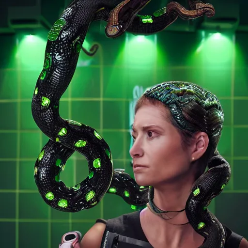 Image similar to real life terminator gorgon medusa with borg implants and robotic snakes coming out of her head sitting at a cafe having a cup of coffee. Tiny green led lights in her cybernetics. very detailed 8k