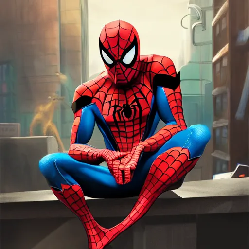 Image similar to spider - man sit on the raccoon and eating donuts, concept art, trending on artstation, highly detailed, intricate, sharp focus, digital art, 8 k