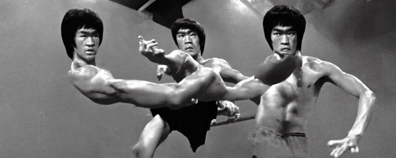 Prompt: Bruce Lee performing a spinning back kick on the Pope, cinematic, 4K, in the movie Enter The Dragon