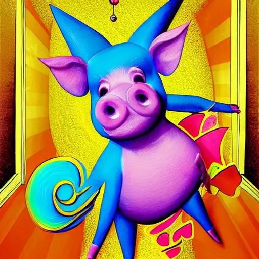 Image similar to lisa frank superhero pose pig wearing a gold crown holding 3d rectangles painting by android jones