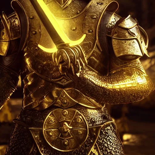 Prompt: 8k unreal engine render of a dragonborn paladin with golden scales from dungeons and dragons, fierce, symmetrical face, holy sword in his hands, gleaming armor, ancient persian city, insanely detailed, depth of field unreal engine ultra-wide angle lens, volumetric lighting, vivid color
