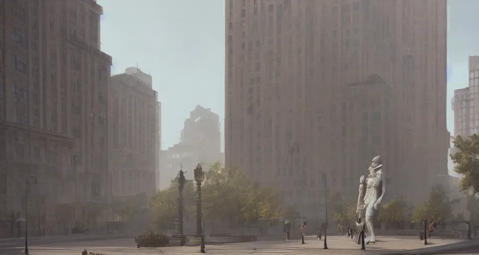 Image similar to bronze statue stands in the city center. art deco architecture. photorealism, soft light, morning. by greg rutkowski, frank lloyd wright, michelangelo. hyperrealism, dusty, moody, high detail, artstation, digital painting, octane render, tonal color scheme.