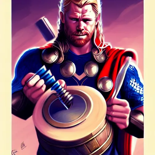 Image similar to thor playing the bongos, comic style by guweiz and stanley artgerm, extremely high quality artwork, very detailed, trending on artstation