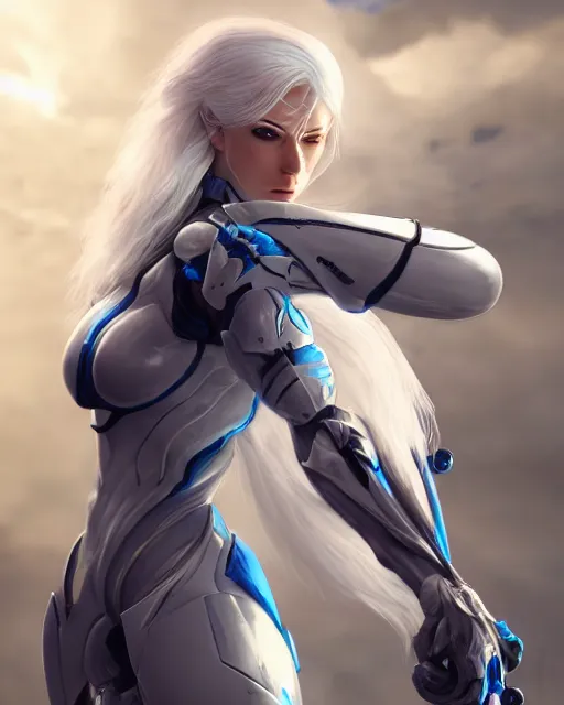 Image similar to perfect white haired girl, warframe armor, beautiful, pretty face, blue eyes, detailed, windy weather, scifi, platform, laboratory, experiment, 4 k, ultra realistic, epic lighting, high detail, masterpiece, by akihito tsukushi, charlie bowater, ross tran