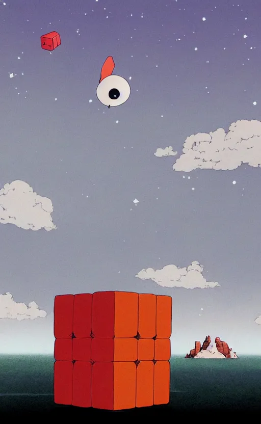 Image similar to a realistic cell - shaded studio ghibli concept art from paprika ( 2 0 0 6 ) of a flying multi - colored cube from close encounters of the third kind ( 1 9 7 7 ) in a flooded monument valley stonehenge jungle on a misty starry night. very dull colors, wide shot, hd, 4 k, hq