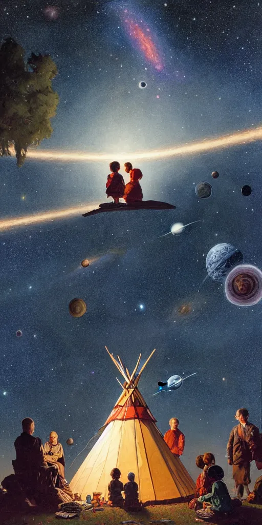 Image similar to a mother a father and 8 children sitting in front of a tipi and seeing the universe full of galaxies and planets, imagination, part by norman rockwell, part by greg rutkowski, part by mattias adolfsson, high angle, ( ( ( ( volumetric lighting ) ) ) ), oil on canvas