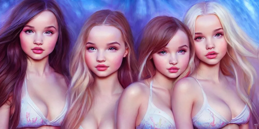 Image similar to dove cameron and madison beer and bella poarch are three beautiful college girls in a bed rolling on ecstasy covered in sweat and dilated pupils, highly detailed, digital painting, artstation, concept art, matte, sharp focus, illustration, art by artgerm and ross tran and thomas kincade