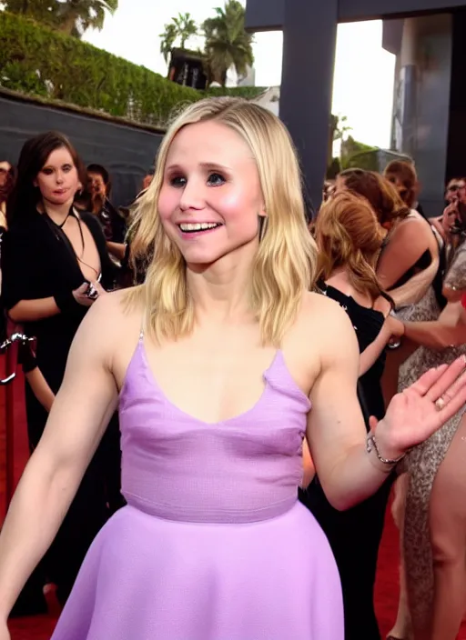 Image similar to pov, first person point of view photograph of my hand grabbing kristen bell's fat chubby belly, her belly is fat and round