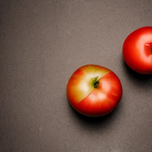 Prompt: slow motion image of a tomato and an apple colliding mid air, 4 k