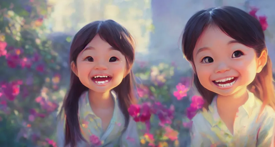 Image similar to a painting of cute Asian girls smiling, in the style of Pixar animation, low angle view, 16mm lens, award winning, hyper detailed, dramatic lighting, artstation, octane renderer, unreal engine