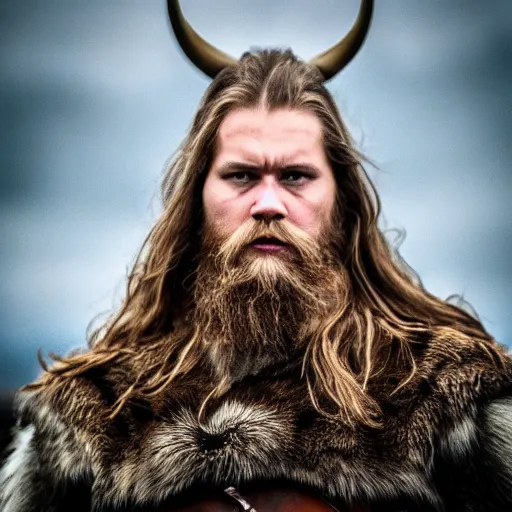 Image similar to hyperrealistic photograph of a brown-haired viking, 8k, profile picture, cinematic, high contrast, epic real fantasy, stoic facial expression, looking at the camera