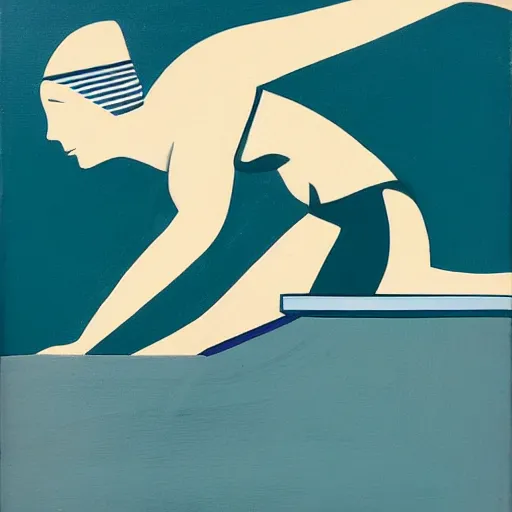 Image similar to acrylic painting on wood of a woman wearing a swimming cap diving from a high diving board into a pool. the pool is out of frame. teal, white, black and grayscale. simple. flat. vintage, mid - century modern. mid - drive, in the air, fully body, anatomically correct by edward hopper