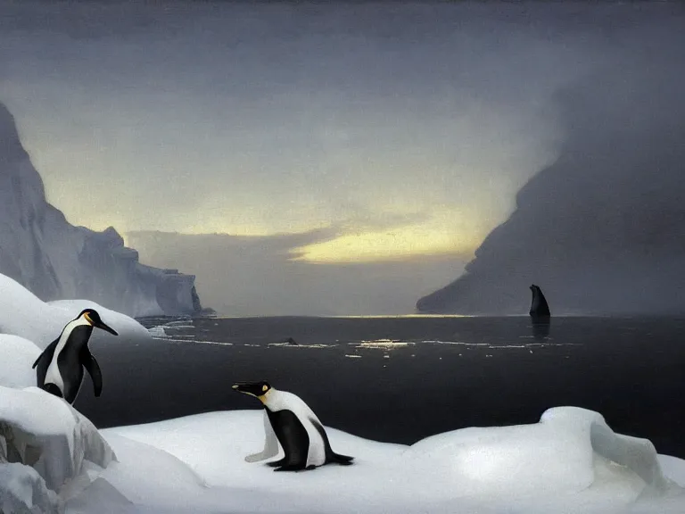 Image similar to an oil painting of a penguin playing in pure white snow on a misty iceberg at dusk. aurora. by tuomas korpi moebius and carl spitzweg. baroque elements. intricate artwork by caravaggio. oil painting. oil on canvas. award winning. dramatic. trending on artstation. 8 k