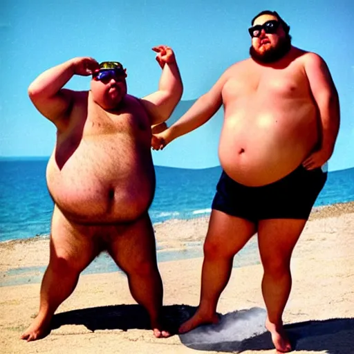 Prompt: a leaked, dramatic, color photo of a fat man and the worlds largest toad. the fat man is very very sweaty, has long blonde hair, is wearing a swimsuit, 1 9 9 8 sunglasses and he is screaming in pleasure