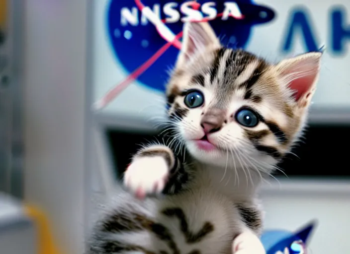 Prompt: film still of a kitten working for mission control at nasa, 8 k