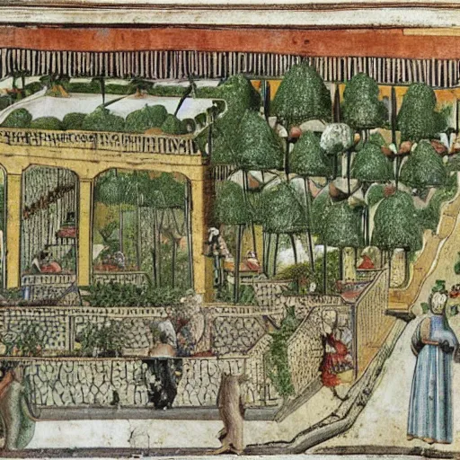 Prompt: a 1 6 th century depiction of the hanging gardens of babylon