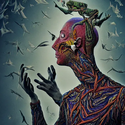 Image similar to bird man, freak show, surrealism, fractalism, strange, hyperdetailed, photorealistic, interesting, benoit b. mandelbrot, m. c. escher, patrick woodroffe, ernst fuchs, zdzisław beksinski, id magazine, octane, cinematic, hyperrealism, 8 k, depth of field, bokeh