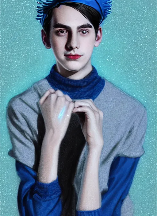 Image similar to portrait of teenage jughead jones wearing a light grey crown, crown, blue turtleneck, 1 9 5 0 s, closed eyes, photorealistic, black hair, glowing lighting, intricate, elegant, glowing lights, highly detailed, digital painting, artstation, concept art, smooth, sharp focus, illustration, art by wlop, mars ravelo and greg rutkowski