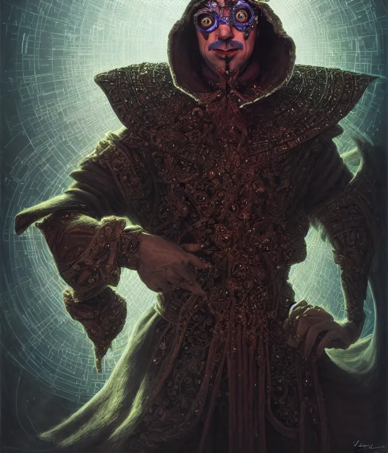 Image similar to front!!! shot of a court jester!!! character, mesmerizing hypercubes, dark holography!!!, future, chrome, crystalline edges, (((intricate))), elegant, highly detailed, centered, (((artstation, concept art, smooth, sharp focus, artgerm, Tomasz Alen Kopera, Peter Mohrbacher, donato giancola, Joseph Christian Leyendecker, WLOP, Boris Vallejo))), ((raytracing)), mugshot!!!!!, ugly!!!!!!, octane render, nvidia raytracing demo, octane render, nvidia raytracing demo, octane render, nvidia raytracing demo, grainy, muted, 8K, digitalblasphemy, metatron