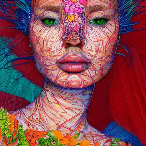 Image similar to the portrait of an unbelievably beautiful and sophisticated young woman made up of peppers looking up, an ultrafine detailed illustration by james jean, intricate linework, bright colors, final fantasy, behance contest winner, vanitas, angular, altermodern, unreal engine 5 highly rendered, global illumination, radiant light, detailed and intricate environment