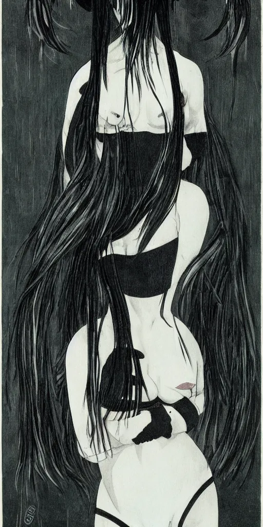 Image similar to a young japanese woman by h. r. giger her hair is dark black pig tails, she has large entirely - black eyes. she is wearing a white bikini top, a white short wet shear skirt, a black choker, and black open toed heels, alien spaceship, rain inside ship