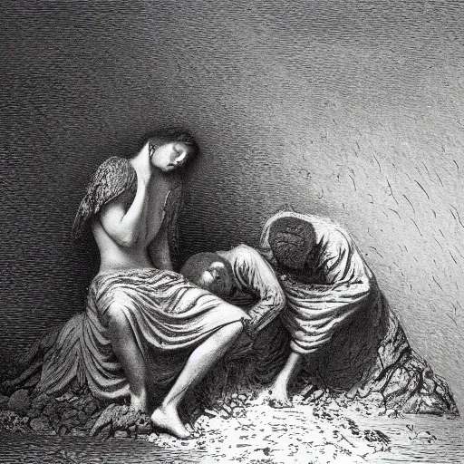 Prompt: a million deaths are just a statistic but single death is a tragedy by gustave dore and ralph lacoste