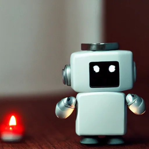 Image similar to a cute little robot sitting on a pen with a lit candle in the background by maxvanzwerg
