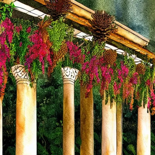 Prompt: delicate garden on paper floating puffy vines botanical herbarium botanic watercolors iridescent 8 k wide angle realistic artstation italian rainbow colonnade oak pinecone architecture pompeii