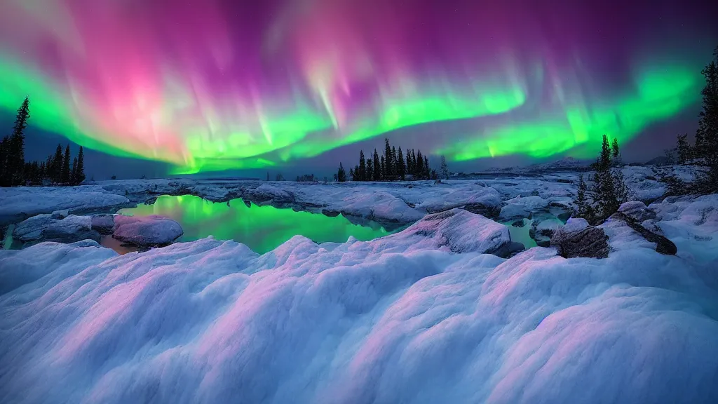 Image similar to amazing landscape photo of aurora lights with lake in sunset by marc adamus, beautiful dramatic lighting