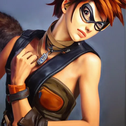 Image similar to oil painting of tracer overwatch in a field wearing large leather belt choker around neck, in style of mark arian, expressive face, detailed face, detailed eyes, full body, feminine face, tracer overwatch,