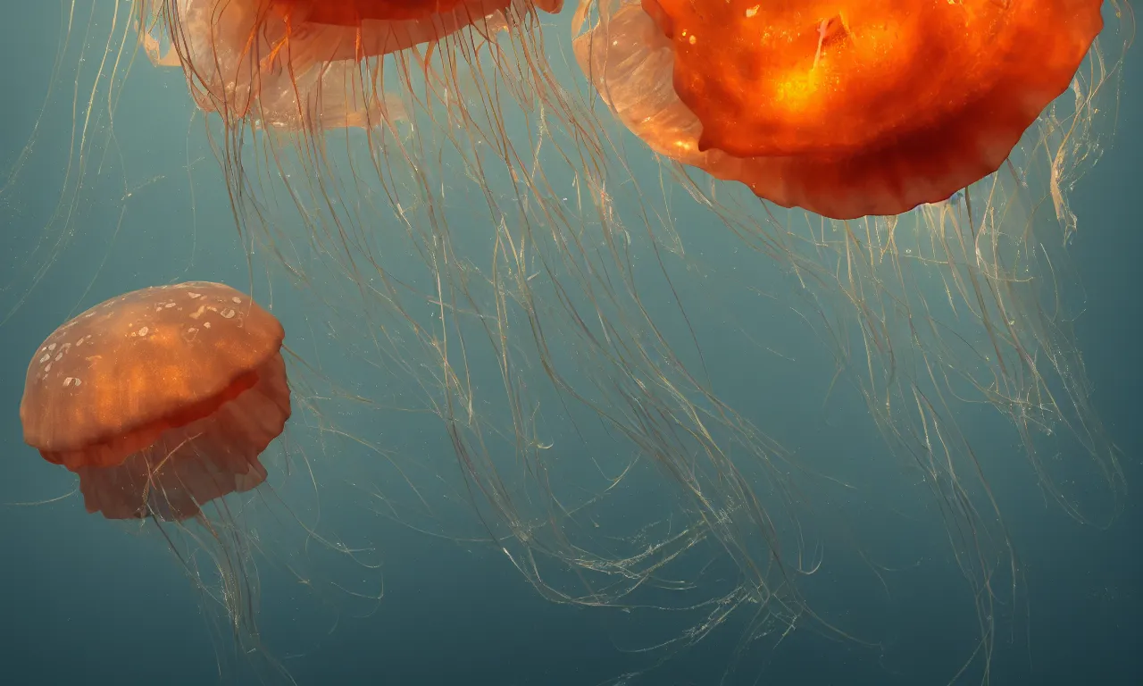 Image similar to Jellyfish swims in the dark sea, trending on artstation, octane render, 8K