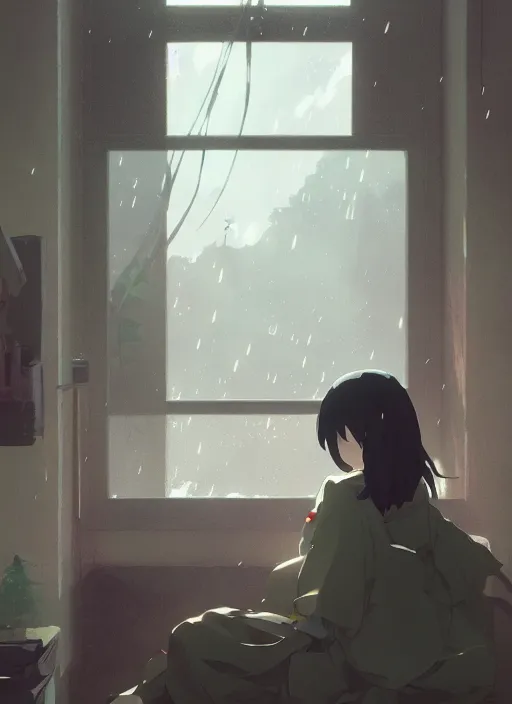 Image similar to interior, near the window, rainy outside, illustration concept art anime key visual trending pixiv fanbox by wlop and greg rutkowski and makoto shinkai and studio ghibli