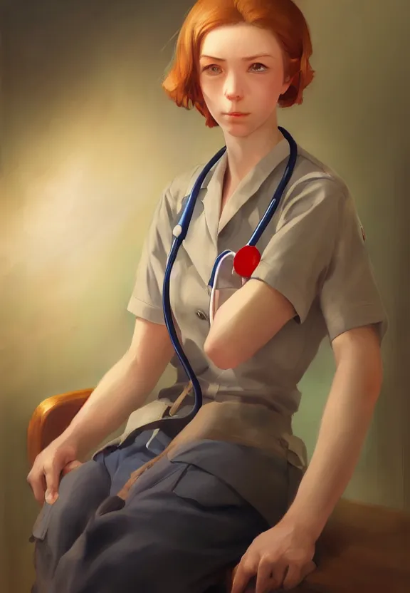 Image similar to a portrait of a tired female nurse in world war 2, 1 9 4 0 setting, vivid colors, soft lighting, atmospheric, cinematic, moody, in the style of ilya kuvshinov, range murata, krenz cushart and alyssa monk, hyperrealism, rule of thirds, oil on canvas, 8 k