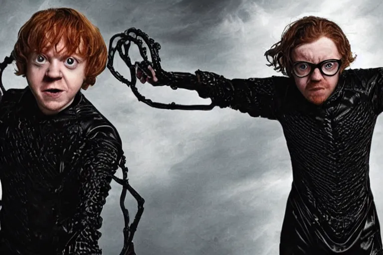 Prompt: Rupert Grint as Doc Ock, Multiple long menacing metal clawed arms from his back, intimidating stance
