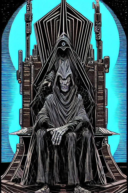 Prompt: cloaked wizard sitting in a throne, high details, intricately detailed, by vincent di fate, inking, 3 color screen print, masterpiece, trending on artstation,, sharp, details, hyper - detailed, hd, 4 k, 8 k