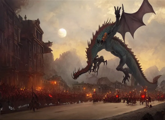 Prompt: giant dragon attacking a town during a parade, highly detailed, digital illustration, artstation, concept art, matte, sharp focus, illustration, dramatic, full moon, art by artgerm and greg rutkowski and alphonse mucha