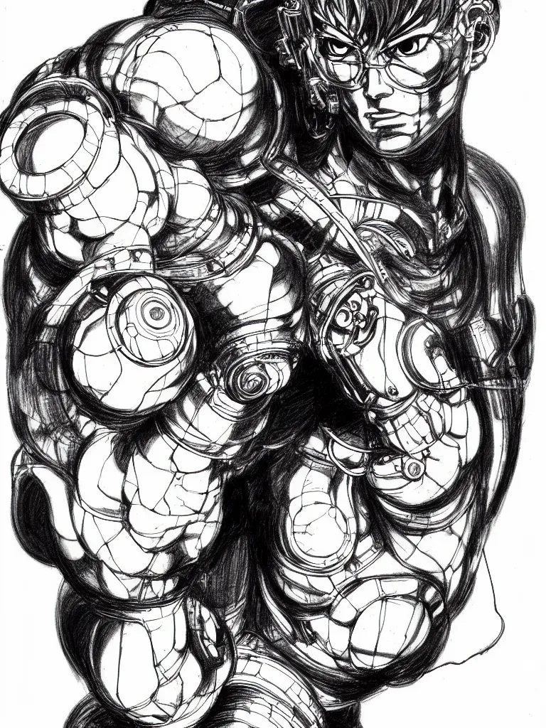 Prompt: prompt: Fragile looking figure, portrait face drawn by Katsuhiro Otomo, full body character drawing, inspired by Evangeleon and Akira 1988, cyborg and wire details parts, clean ink detailed line drawing, intricate detail, manga 1990, portrait centric composition