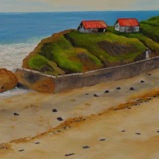 Prompt: a painting of a seaside cliff with a beach at the bottom, and small huts in the beach, about to ne washed away by the ocean