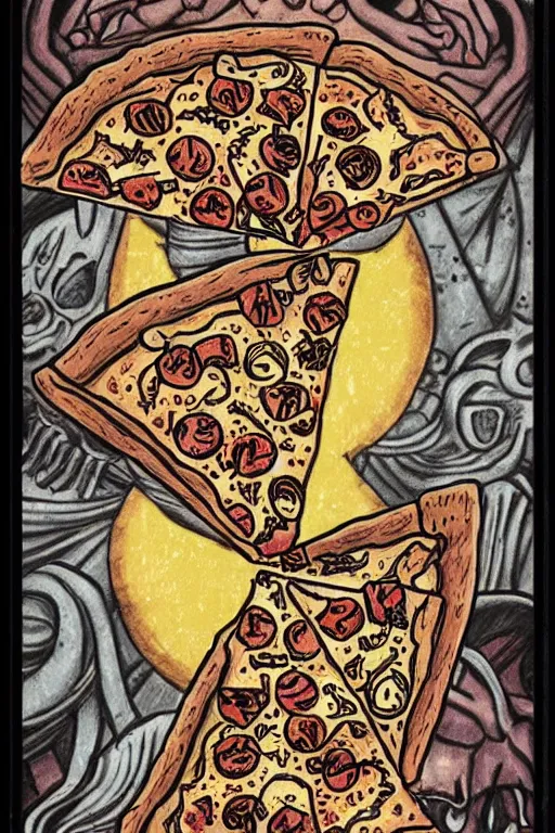 Prompt: Pizza zodiac tarot card, mayan style, occult concept art, dark style, detailed