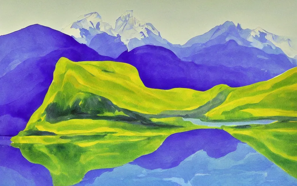 Image similar to the alps and reflection in a lake in the style of georgia o keeffe. colorful, wavy. painting. medium long shot. perspective. color palette of blue, yellow, purple, green. alpenguhen