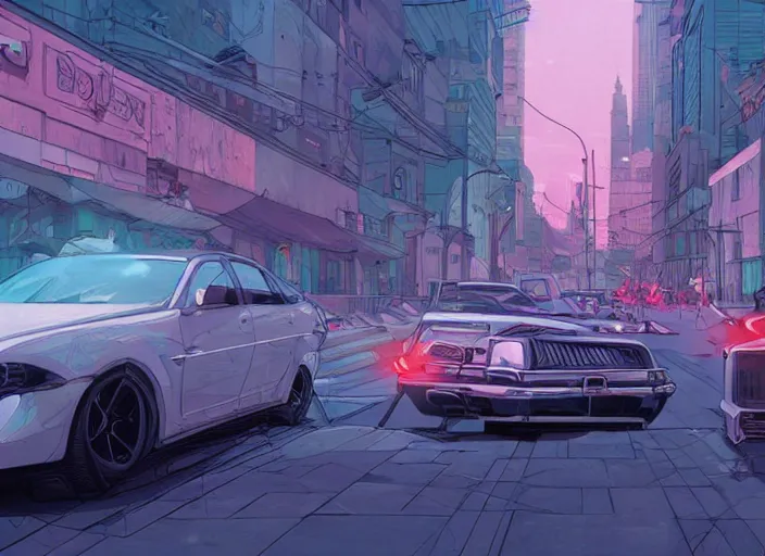 Image similar to a sedan car in a city. sharp focus, cinematic pose, cinematic lighting, unreal engine render. art by josan gonzales and moebius and deathburger.