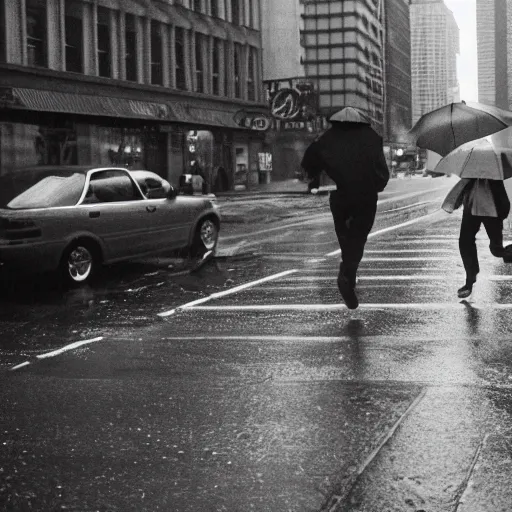 Prompt: a photograph of a man running down the street wearing a hat on a rainy day on expired kodak film, 3 5 mm