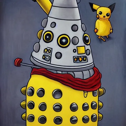 Prompt: A Dalek doing Pikachu cosplay, lowbrow painting by Mark Ryden