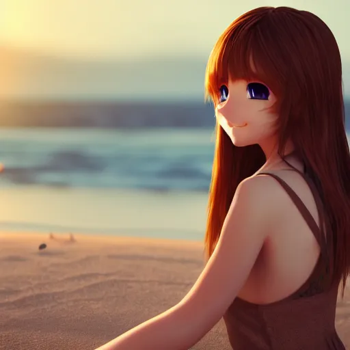 Image similar to Render of a very beautiful 3d anime girl, long hair, hazel eyes, cute freckles, full round face, short smile, cute sundress, golden hour, serene beach setting, medium shot, mid-shot, highly detailed, trending on Artstation, Unreal Engine 4k wallpaper