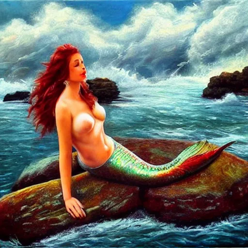 Prompt: oil painting of a mermaid singing on the rock, very beautiful face, terrible storm, realistic